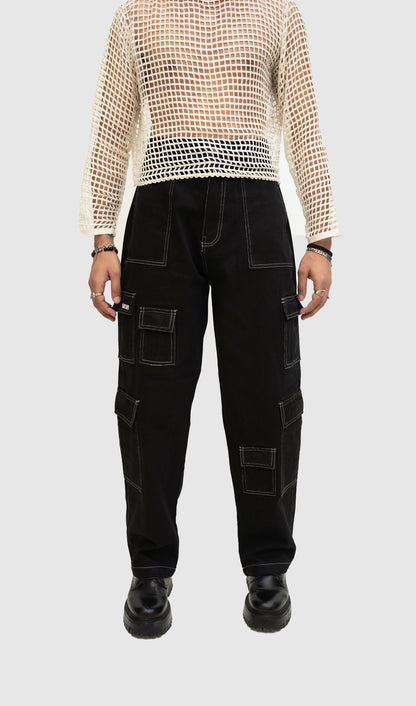 WHITE STITCHED BLACK CARGO PANT