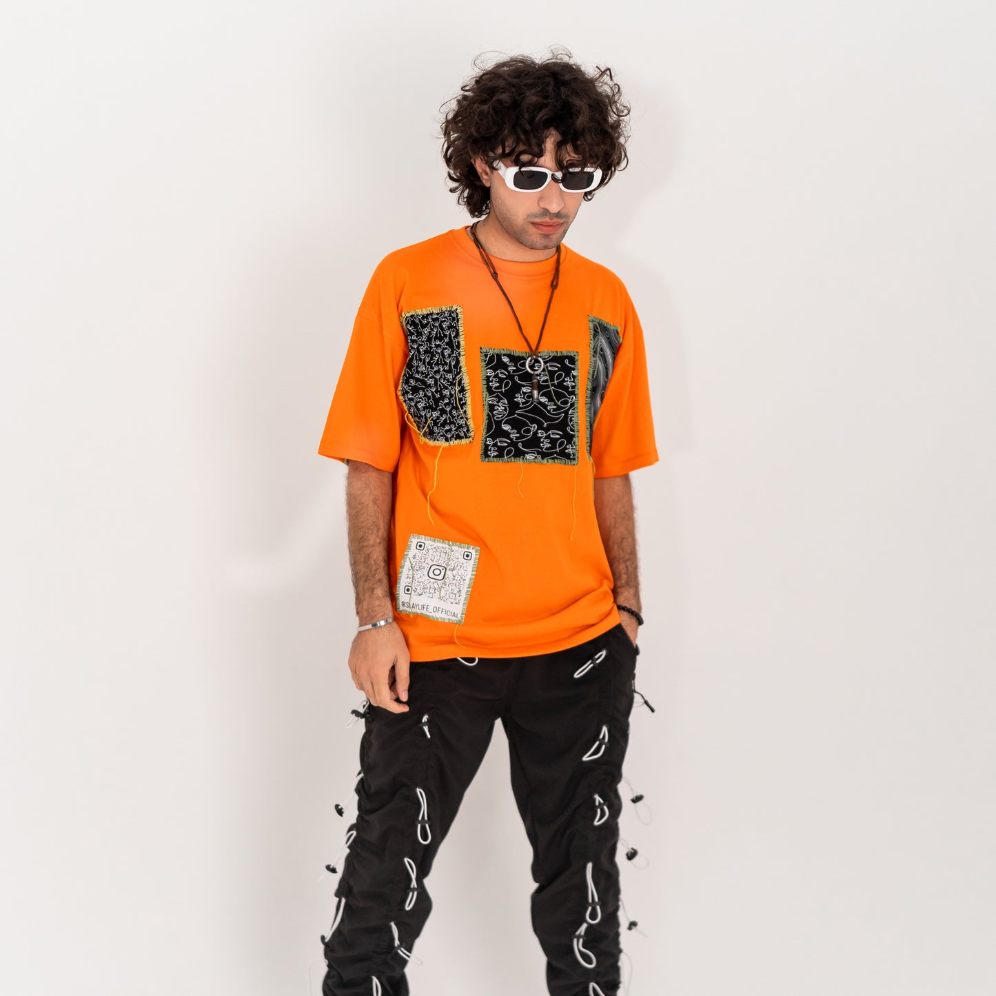 “Monochrome Hand Stitched” Orange T-Shirt