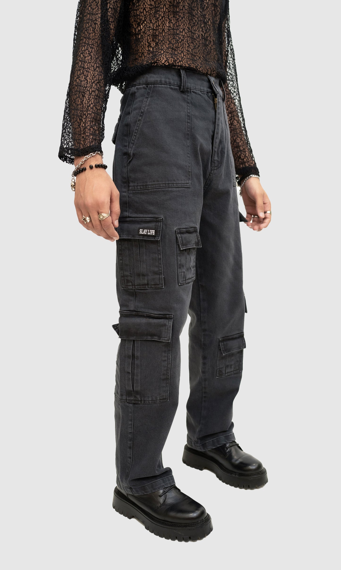 GREY ACID WASH CARGO PANT