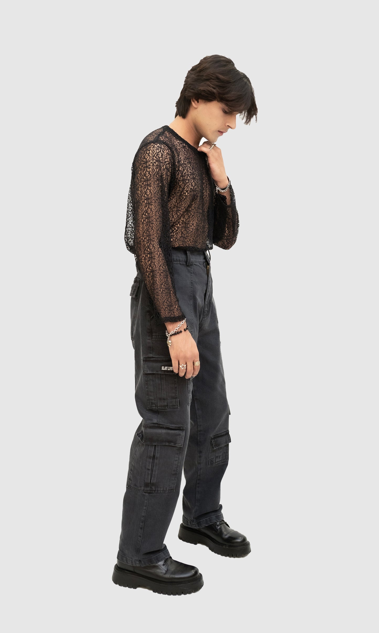 GREY ACID WASH CARGO PANT