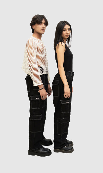 WHITE STITCHED BLACK CARGO PANT