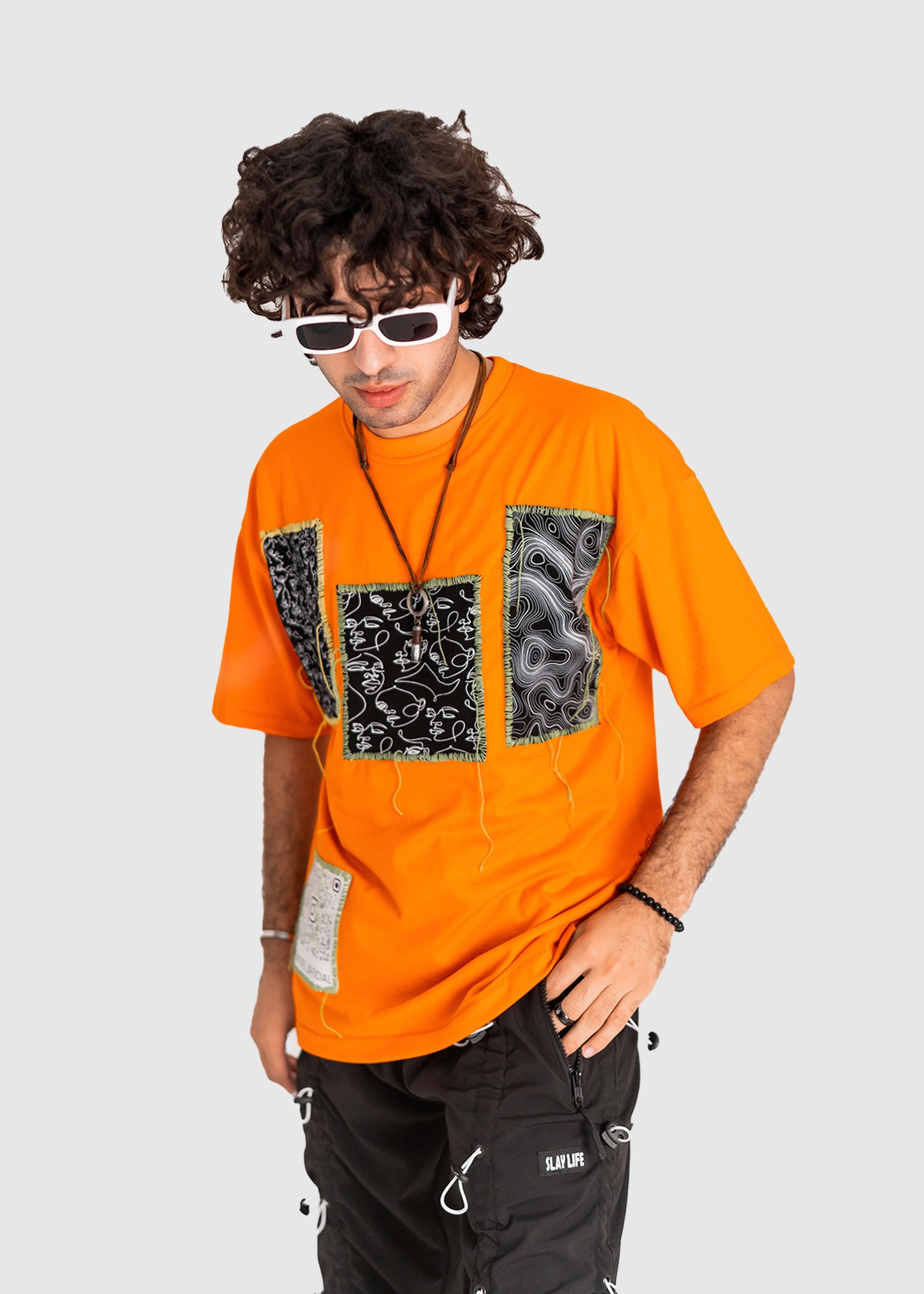 “Monochrome Hand Stitched” Orange T-Shirt