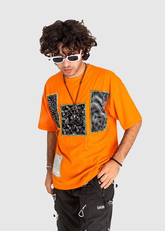 “Monochrome Hand Stitched” Orange T-Shirt